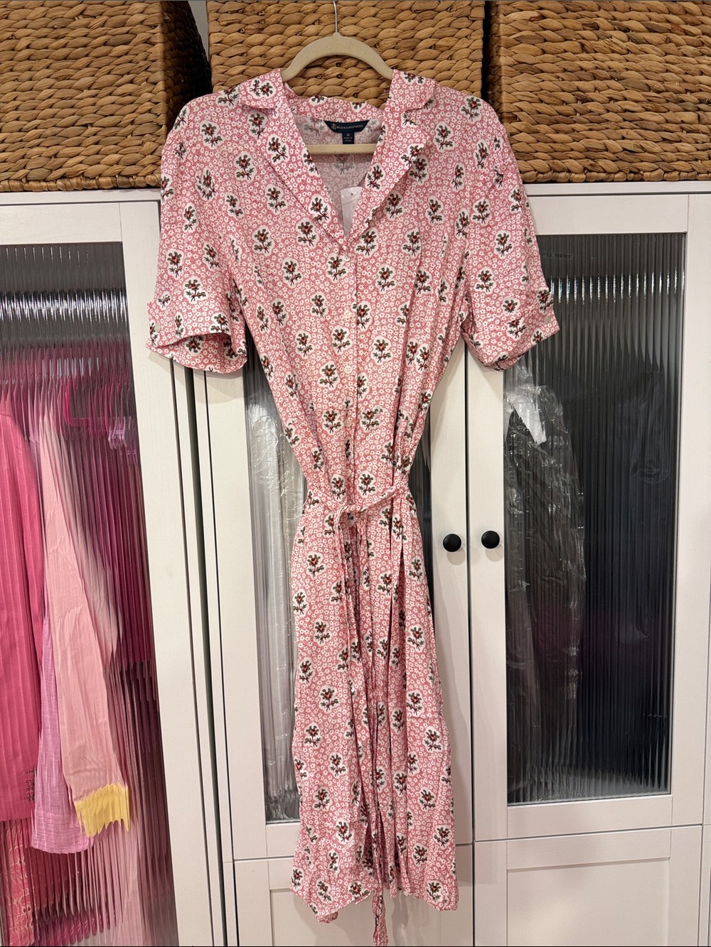 Brooks Brothers Pink Floral Midi Shirt Dress with Tie